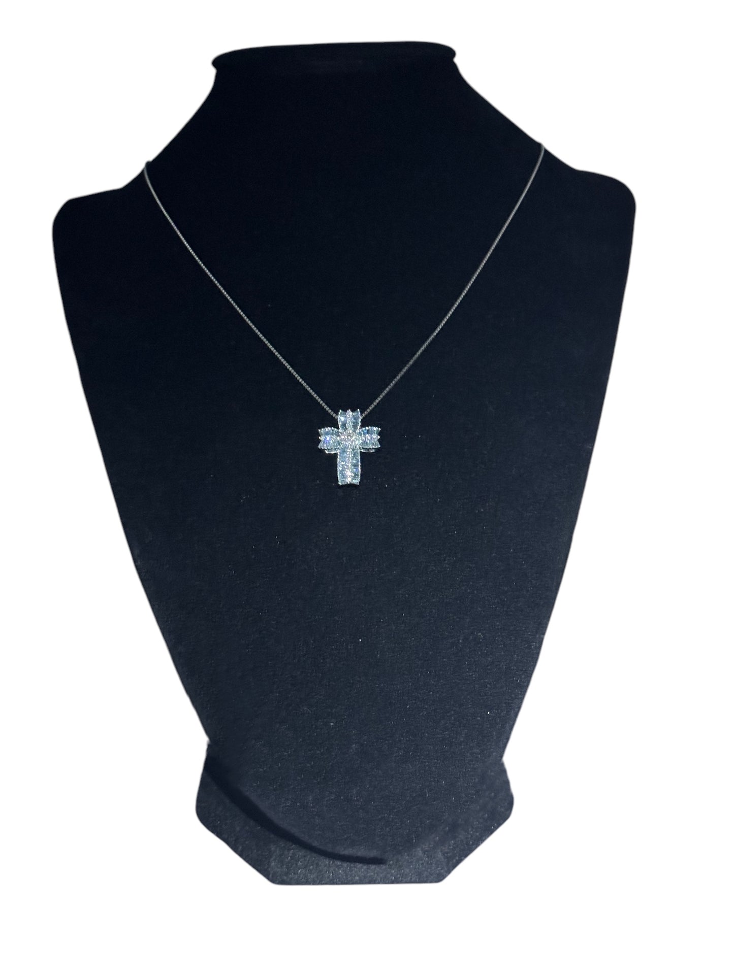 Rare Vintage 18K White Gold Natural Blue Diamond Cross Pendant Necklace