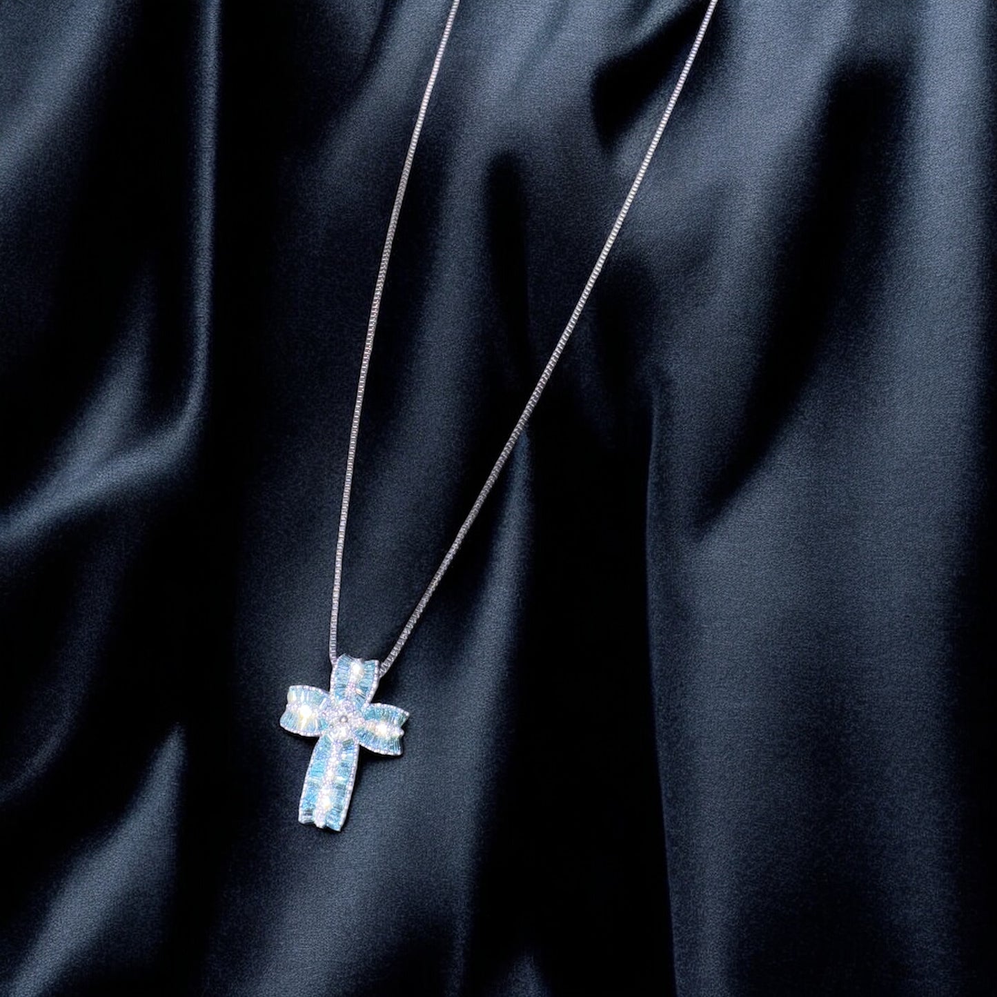 Rare Vintage 18K White Gold Natural Blue Diamond Cross Pendant Necklace