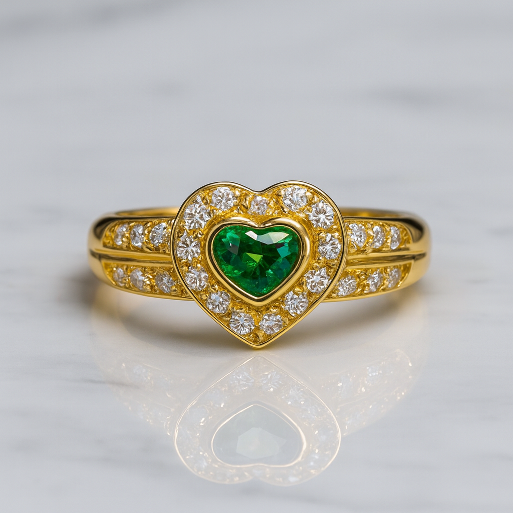 Vintage Heart Shaped Emerald and Diamond Ring in 18K Gold