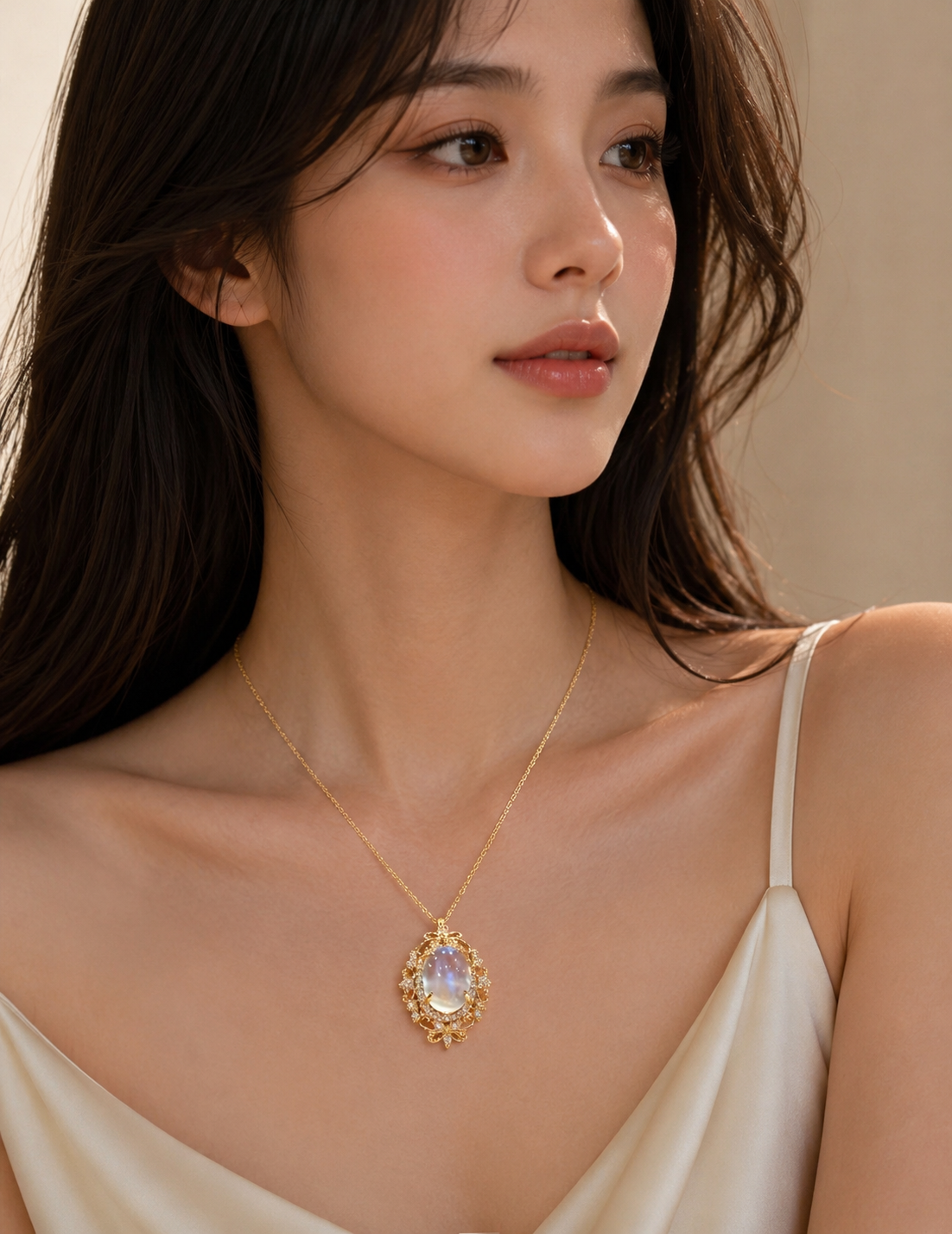 Natural Moonstone Diamond Necklace in 18K Gold