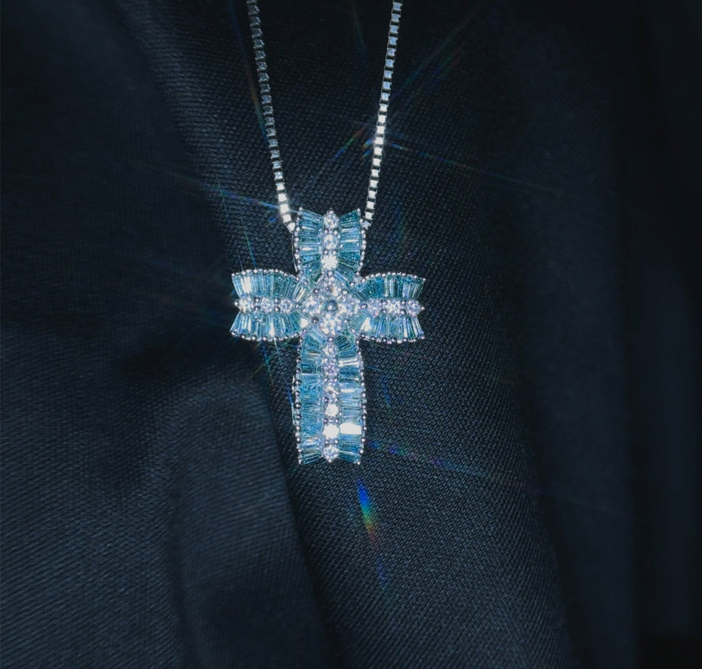 Rare Vintage 18K White Gold Natural Blue Diamond Cross Pendant Necklace