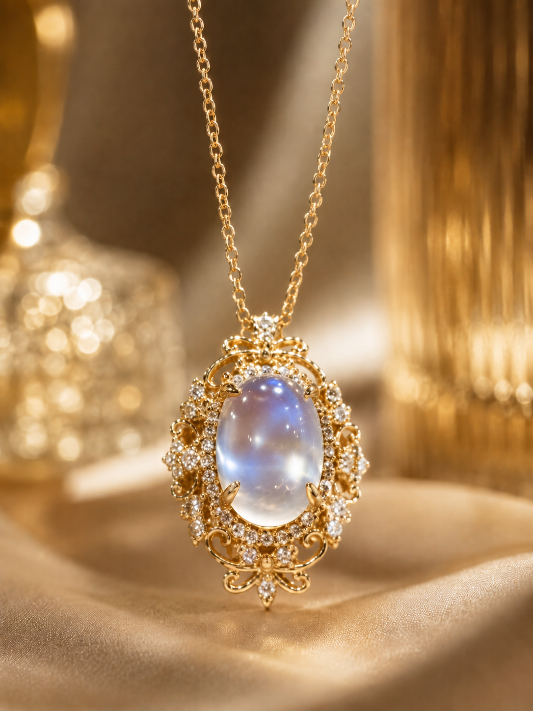 Natural Moonstone Diamond Necklace in 18K Gold