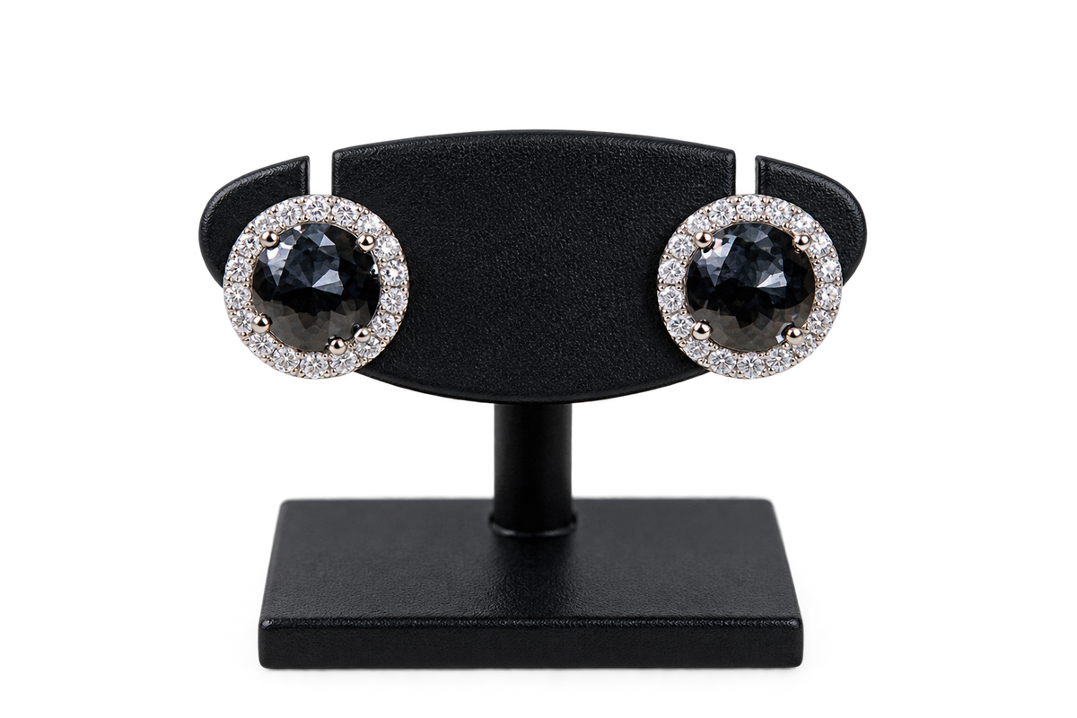 Estate 18K White Gold Black Diamond Halo Stud Earrings, 2.25ct