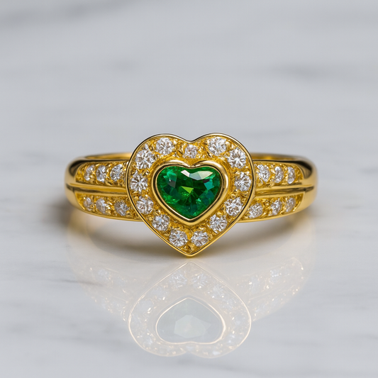 Vintage Heart Shaped Emerald and Diamond Ring in 18K Gold