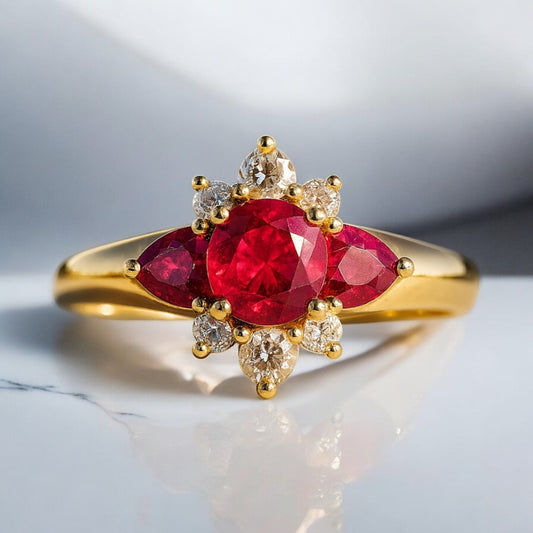 Vintage 18K Yellow Gold Ruby & Diamond Floral Ring