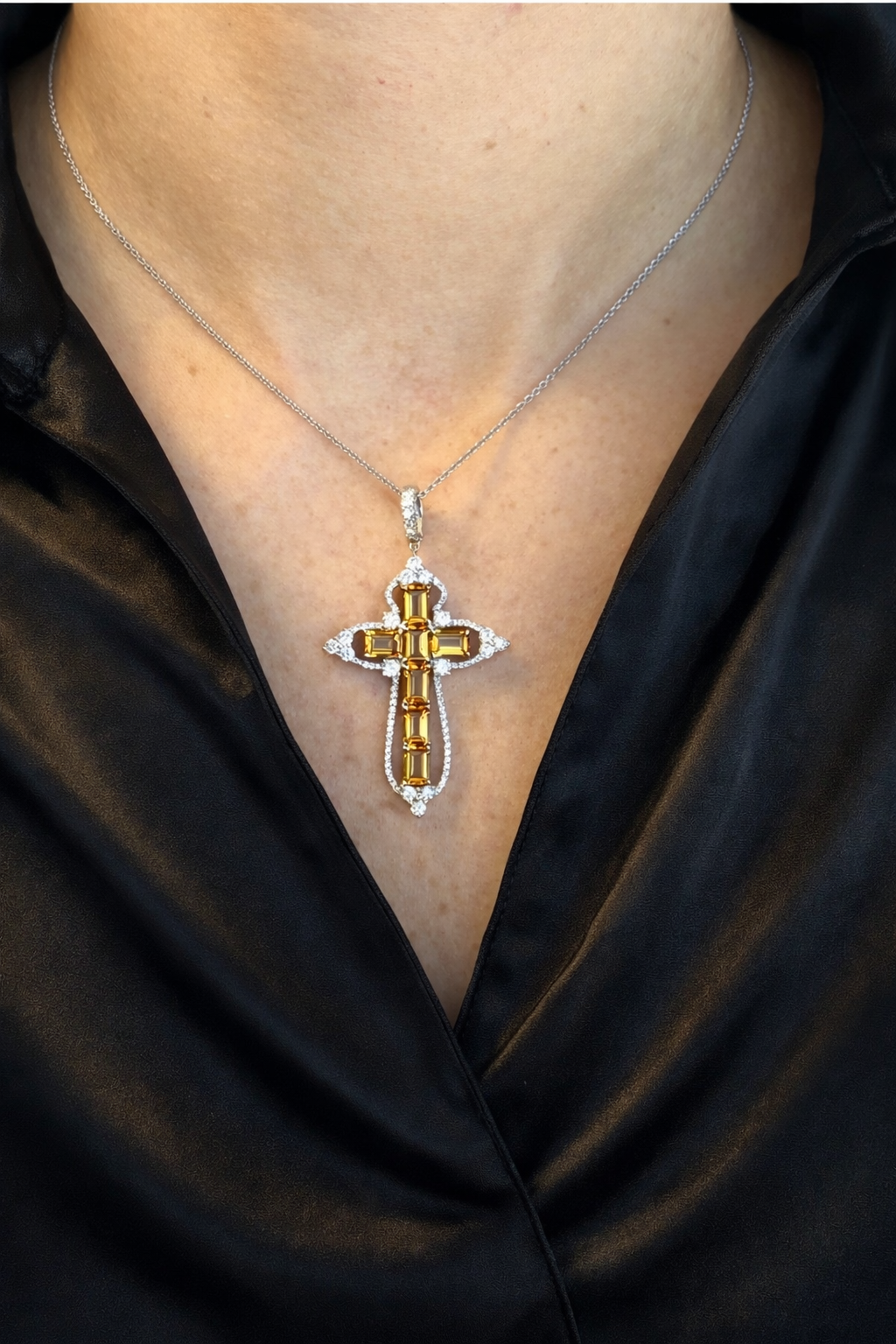 Piranesi Citrine Cross Necklace with Diamonds