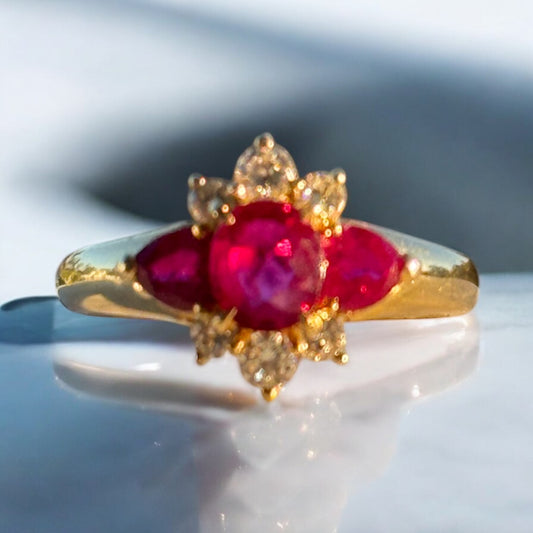 Vintage 18K Yellow Gold Ruby & Diamond Floral Ring