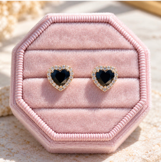 18K Gold Black Sapphire Heart Stud Earrings