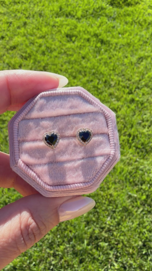 18K Gold Black Sapphire Heart Stud Earrings
